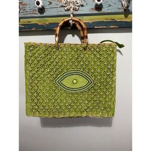 Boho Lime Green Macrame Evil Eye Tote Bag with Bamboo Handles Beaded Summer Bag